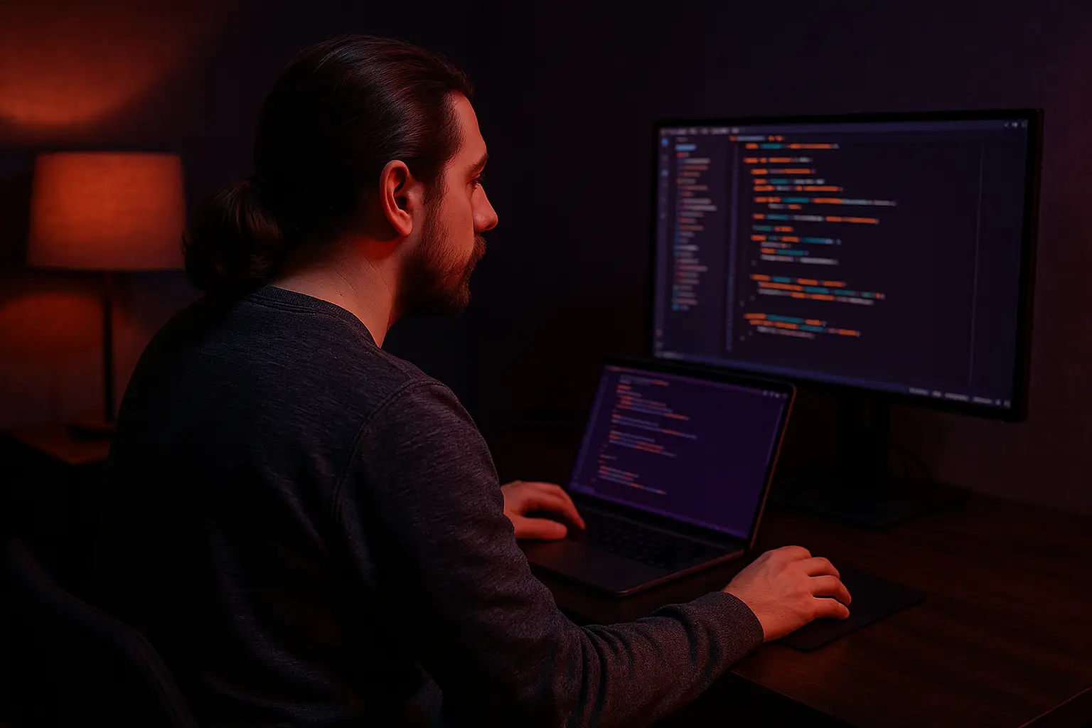 A software developer working with a laptop and an external monitor, both showing code editors. The room is softly lit by a warm-colored desk lamp.