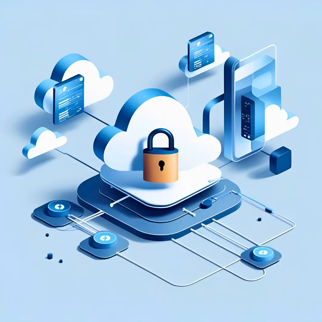 3D illustration of cloud computing infrastructure with a central cloud icon secured by a padlock, connected to various digital devices and APIs, symbolizing cloud security.