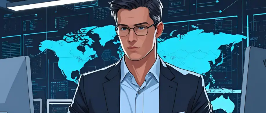 Illustration of a cybersecurity analyst in a suit working at a computer with a digital world map in the background, representing global cyber operations.